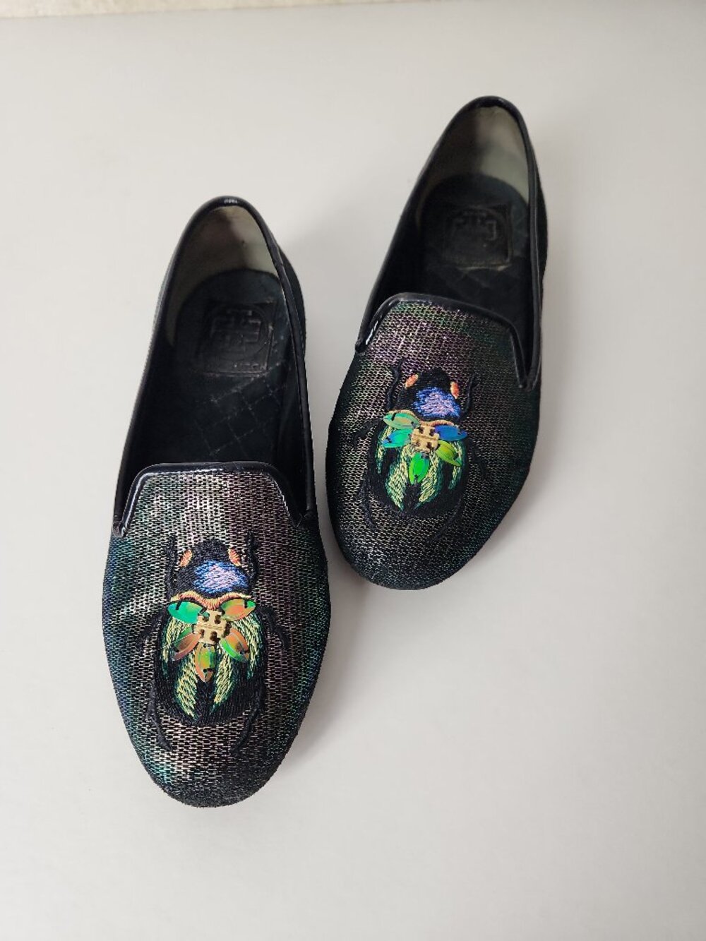 TORY BURCH Holographic Scarab Beetle Iridescent Embroidered Loafers shoes flats